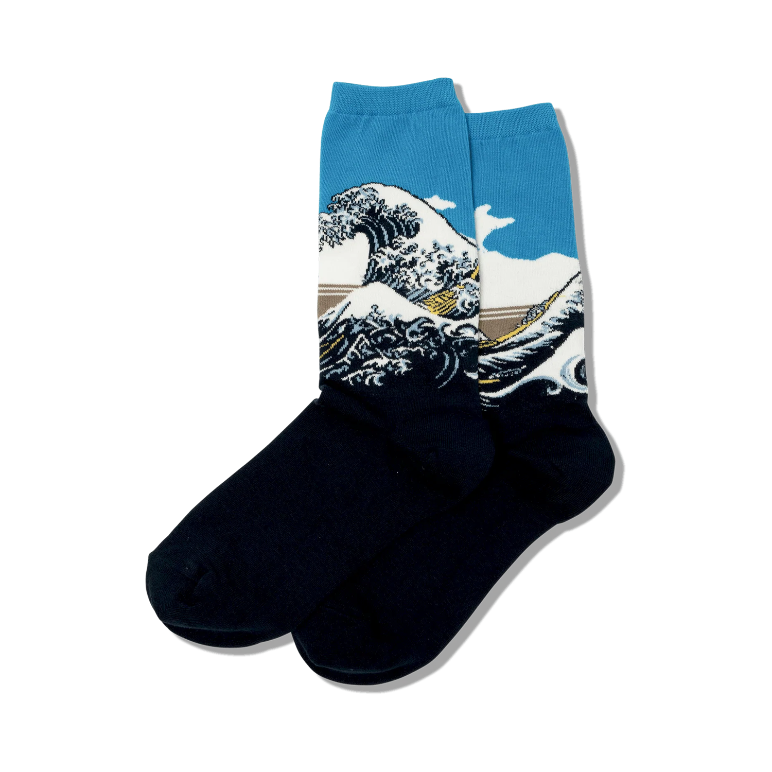 Pair of crew socks showcasing Hokusai's Great Wave.  Features blues, whites, and blacks;  wave design dominates the upper portion.