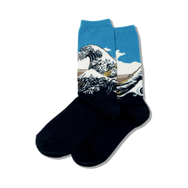 black and blue crew socks adorned with hokusai's great wave pattern, a symbol of japanese art.  