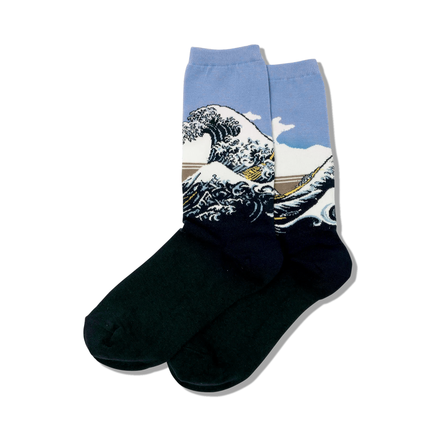 Lifestyle shot of the Hokusai's Great Wave socks on a person's feet, showcasing the socks in a casual setting.
