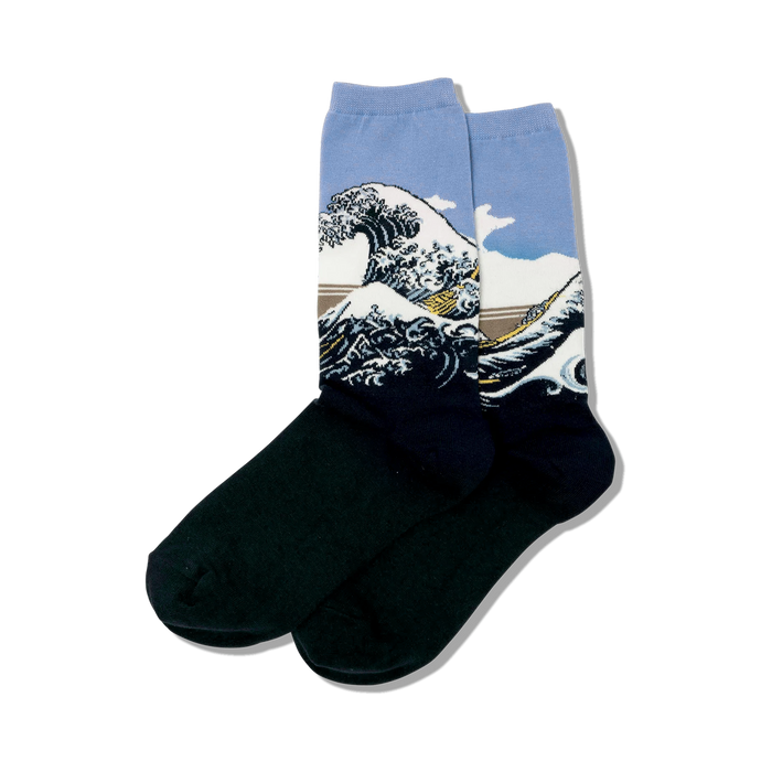 black crew socks for women with a design inspired by hokusai's great wave art.  