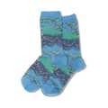 Pair of women's crew socks in blue, green, and purple. Features a Monet's Waterlilies inspired design.