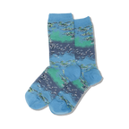 Pair of women's crew socks in blue, green, and purple. Features a Monet's Waterlilies inspired design.