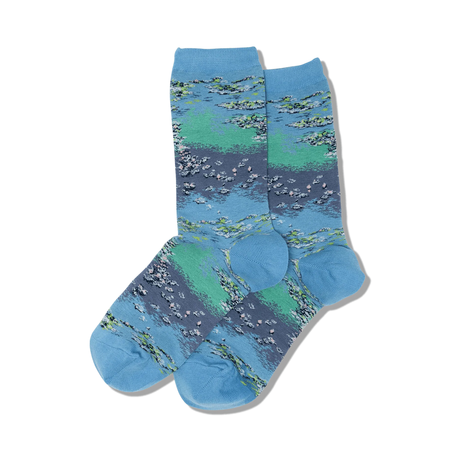 Pair of women's crew socks in blue, green, and purple. Features a Monet's Waterlilies inspired design.