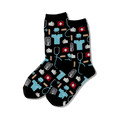 Pair of crew socks with a pattern of medical icons like stethoscopes, bandages, and first-aid kits in teal, red, and white on a black background.