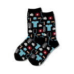 Pair of crew socks with a pattern of medical icons like stethoscopes, bandages, and first-aid kits in teal, red, and white on a black background.