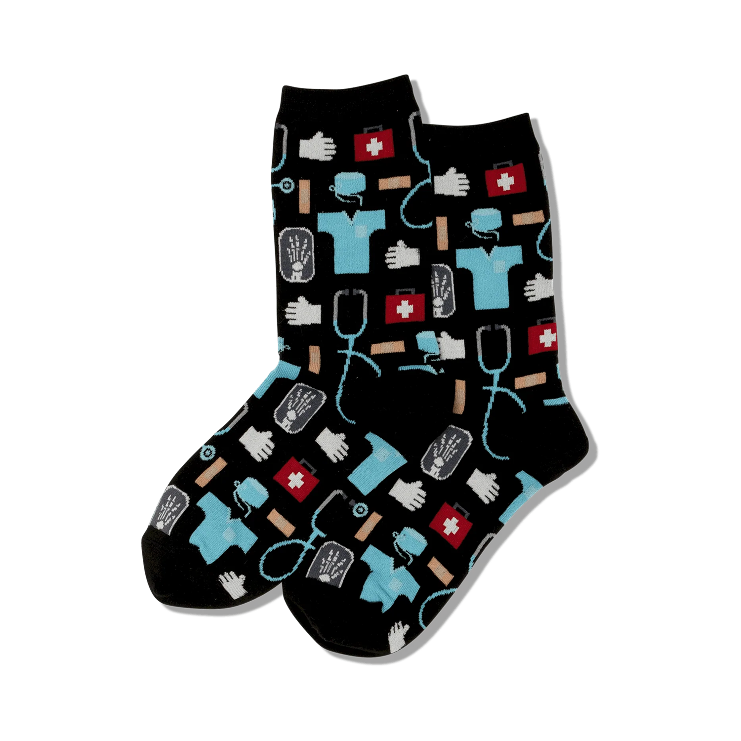 Pair of crew socks with a pattern of medical icons like stethoscopes, bandages, and first-aid kits in teal, red, and white on a black background.