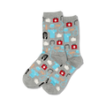 Pair of gray crew socks with a pattern of medical icons.  Same design as the black socks, but on a gray background.