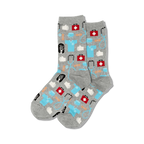 Pair of gray crew socks with a pattern of medical icons.  Same design as the black socks, but on a gray background.