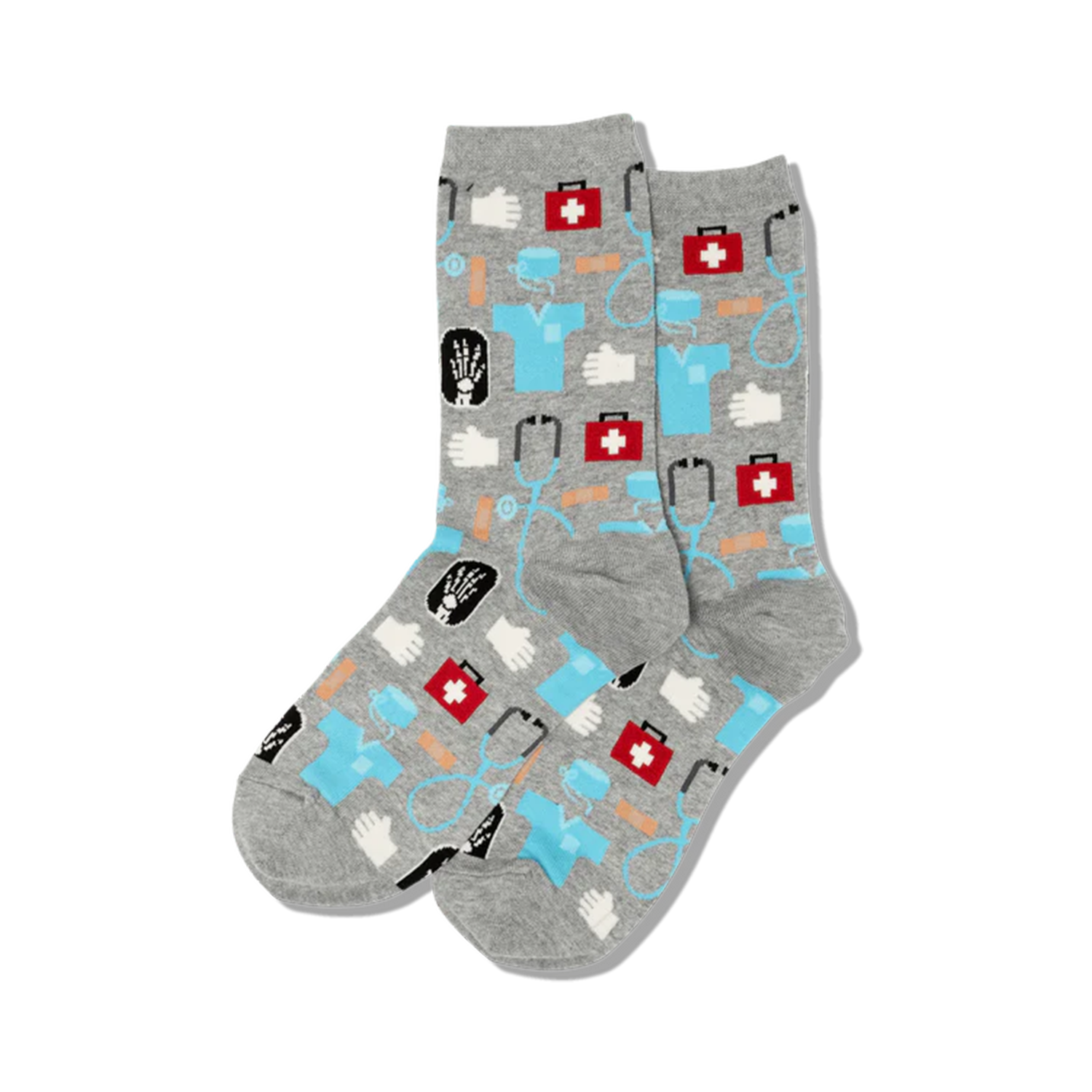 Pair of gray crew socks with a pattern of medical icons.  Same design as the black socks, but on a gray background.
