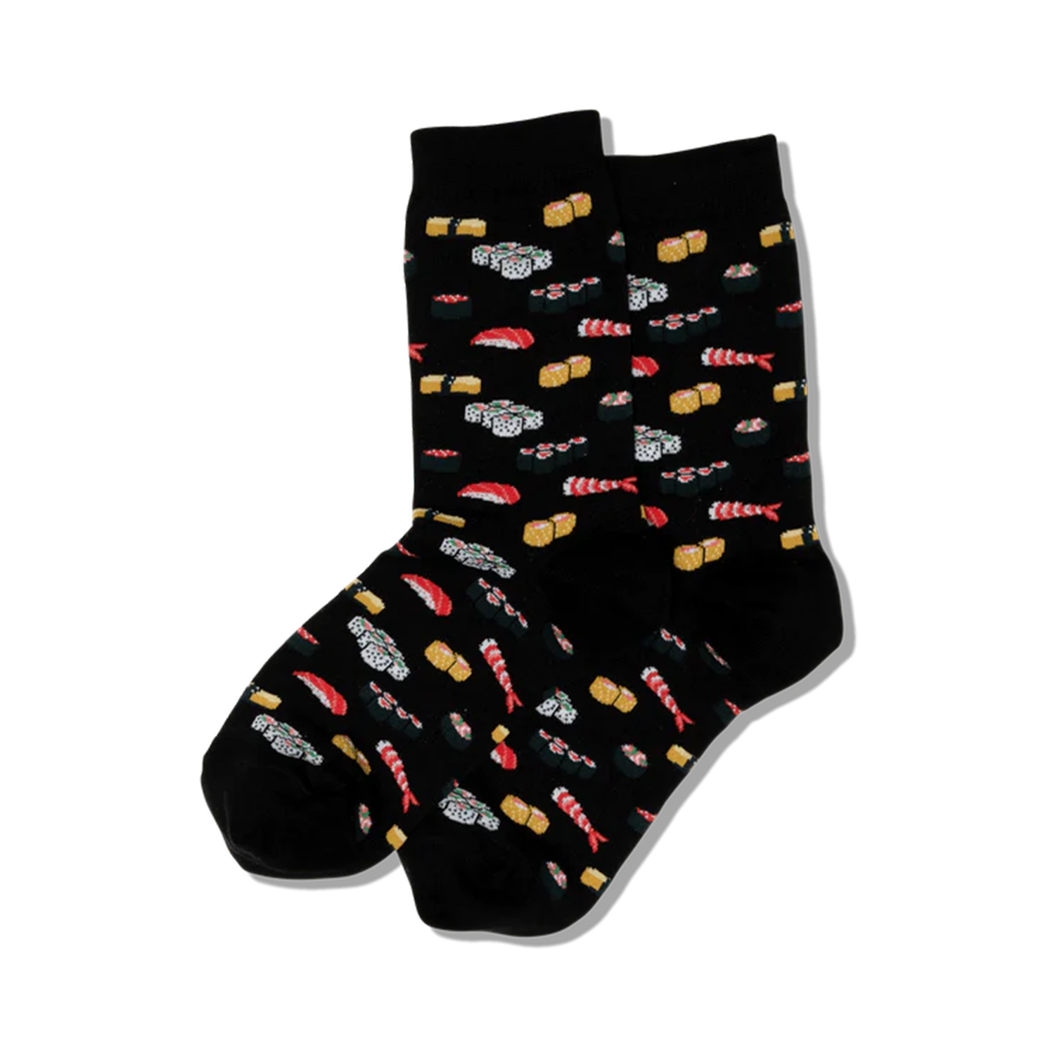 Pair of crew socks, black and pink options, featuring a fun pattern of various sushi pieces.