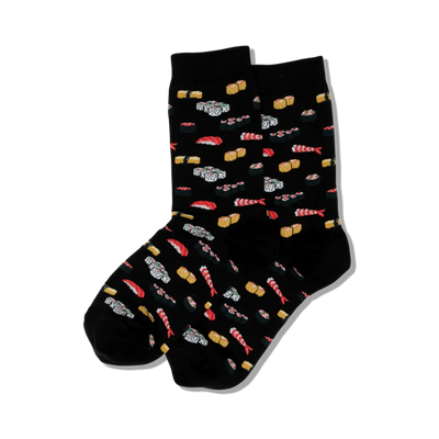 Pair of crew socks, black and pink options, featuring a fun pattern of various sushi pieces.
