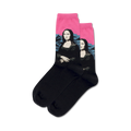 Close-up of black crew socks with Mona Lisa art; the background is hot pink.