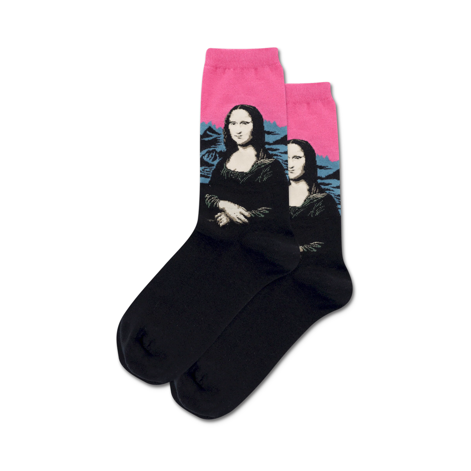 Close-up of black crew socks with Mona Lisa art; the background is hot pink.