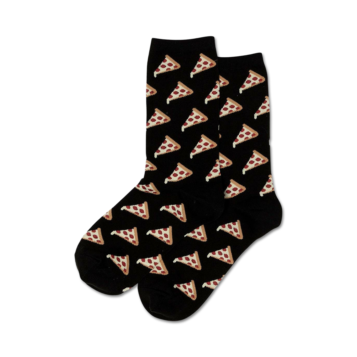 Pair of crew socks; black background with repeating pattern of pizza slices; each slice has pepperoni and cheese.
