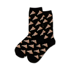 Pair of crew socks; black background with repeating pattern of pizza slices; each slice has pepperoni and cheese.