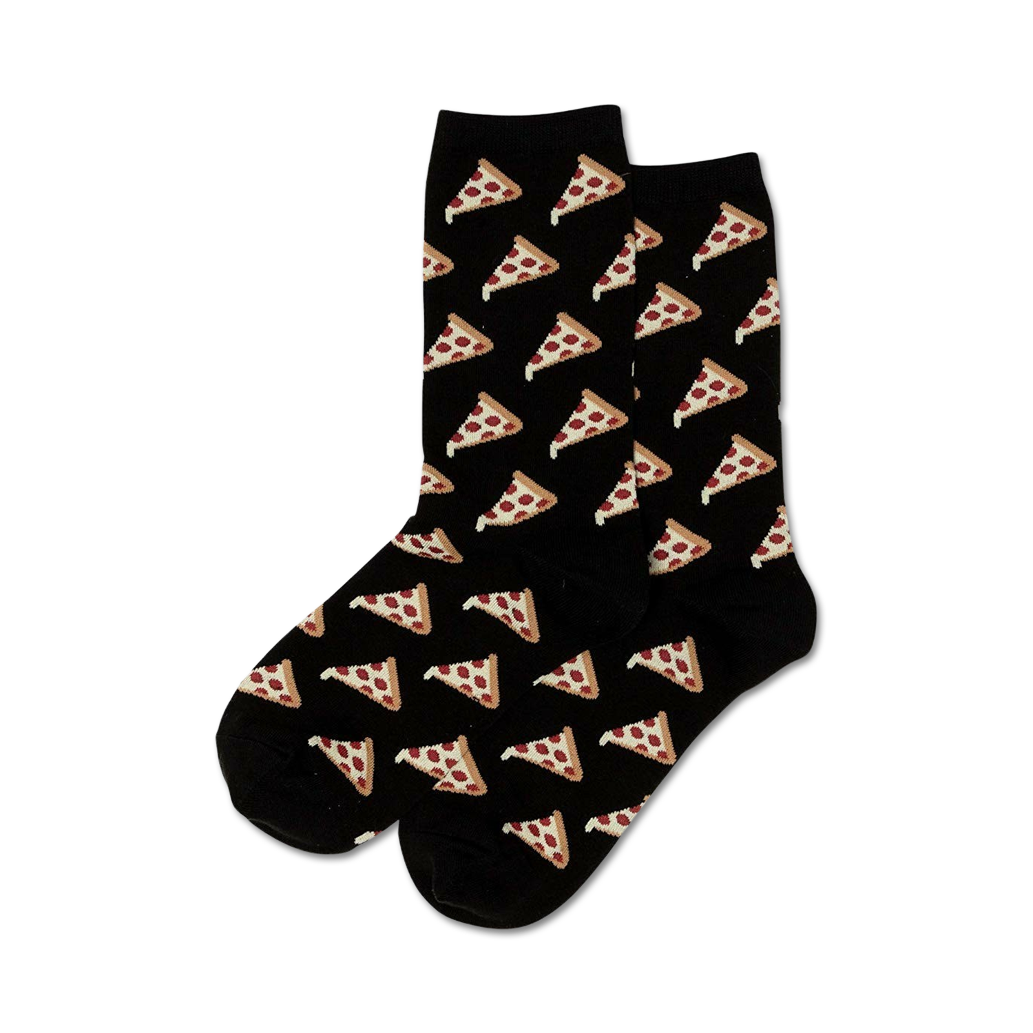Pair of crew socks; black background with repeating pattern of pizza slices; each slice has pepperoni and cheese.