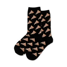 black crew socks featuring a pattern of red, orange, and yellow pizza slices.   