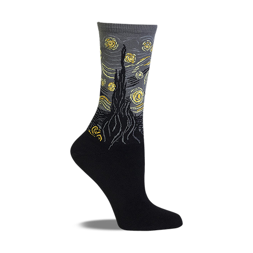 Van Gogh Starry Night sock with dark gray sky, yellow swirling stars, and a black cypress tree design.