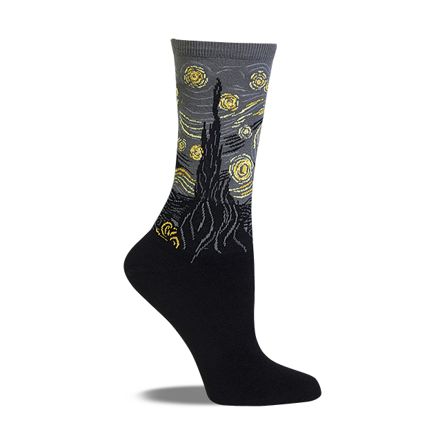 Van Gogh Starry Night sock with dark gray sky, yellow swirling stars, and a black cypress tree design.