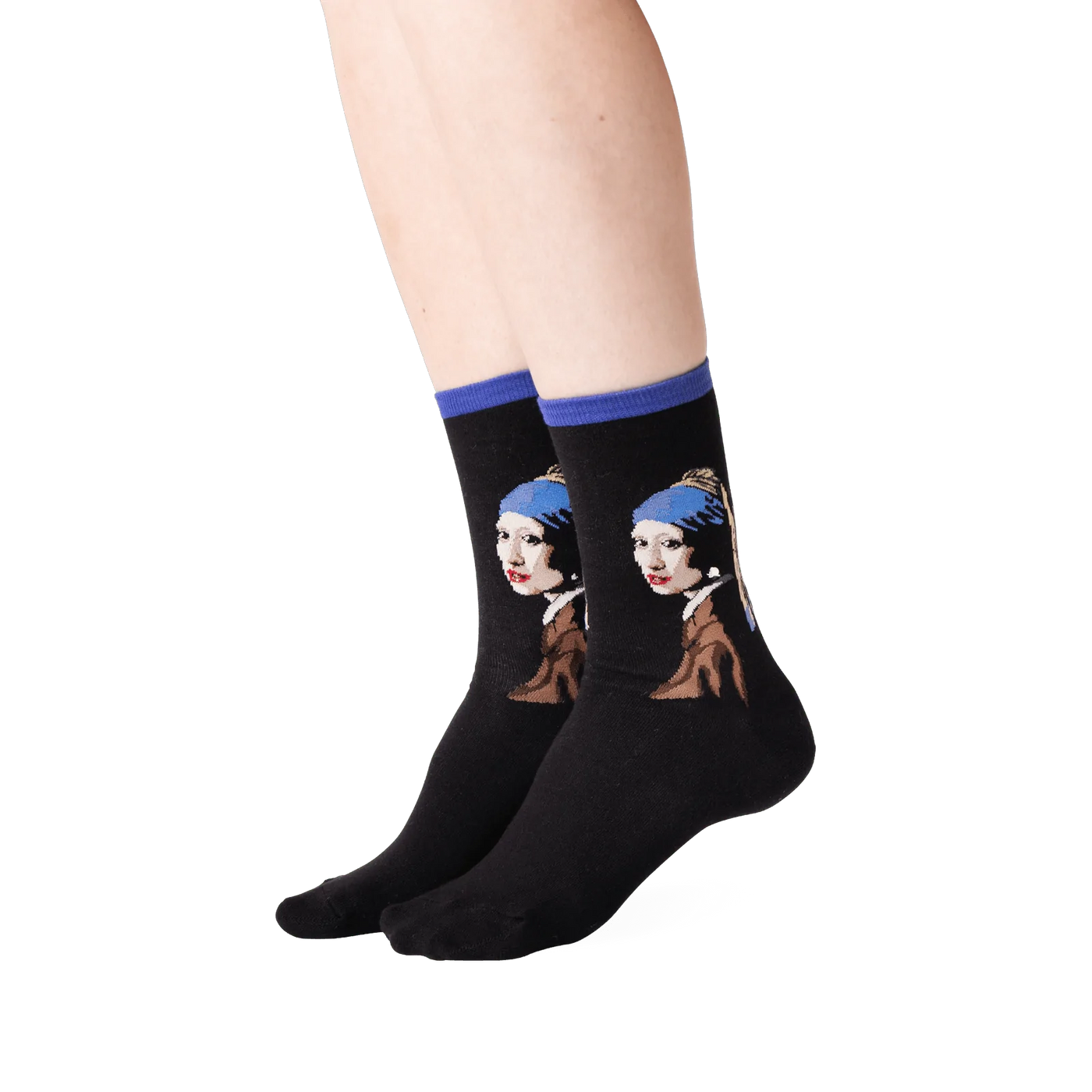 Lifestyle shot of a person wearing the 'Girl With A Pearl Earring' socks, showcasing how they look on the feet.