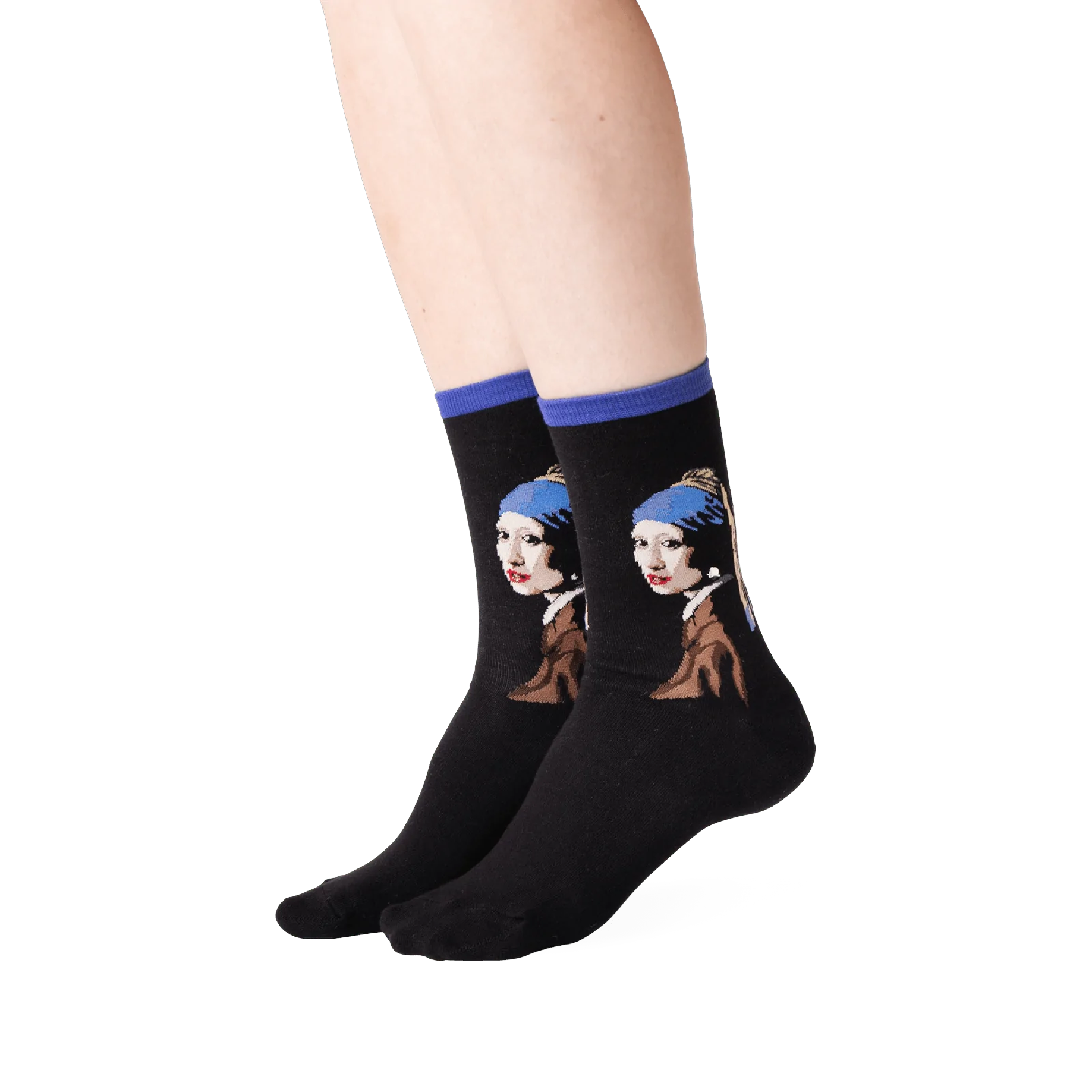 Lifestyle shot of a person wearing the 'Girl With A Pearl Earring' socks, showcasing how they look on the feet.