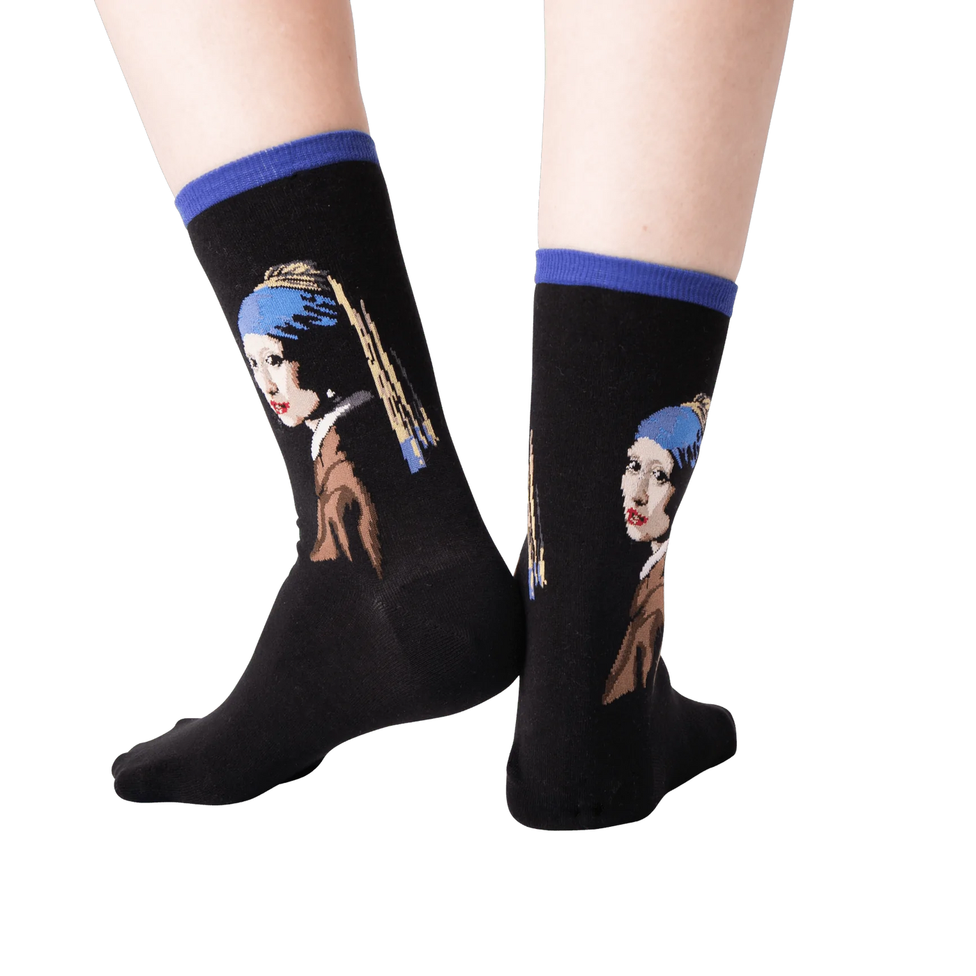 Back view of the 'Girl With A Pearl Earring' socks on a person's legs, showing the sock's fit and design details.