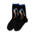 Pair of black crew socks with a colorful image of Vermeer's 'Girl with a Pearl Earring' on each sock. Blue and brown accents.