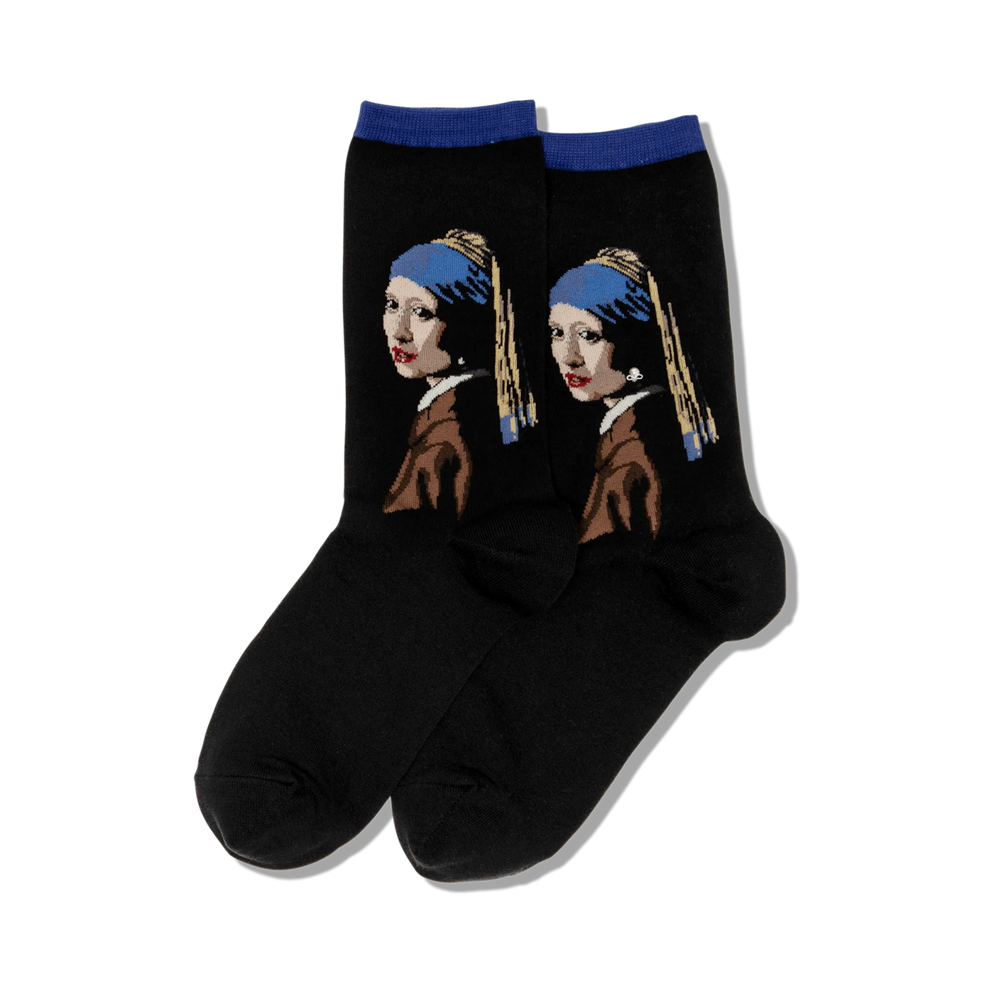 Pair of black crew socks with a colorful image of Vermeer's 'Girl with a Pearl Earring' on each sock. Blue and brown accents.