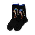 Pair of black crew socks with a colorful image of Vermeer's 'Girl with a Pearl Earring' on each sock. Blue and brown accents.