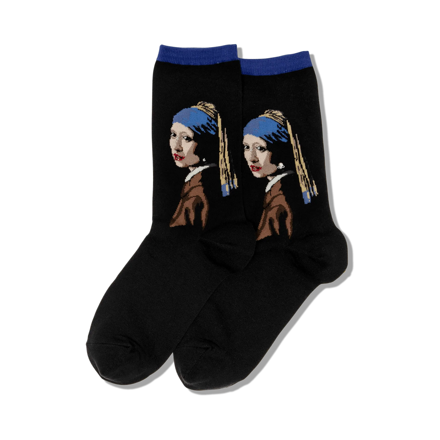 Pair of black crew socks with a colorful image of Vermeer's 'Girl with a Pearl Earring' on each sock. Blue and brown accents.