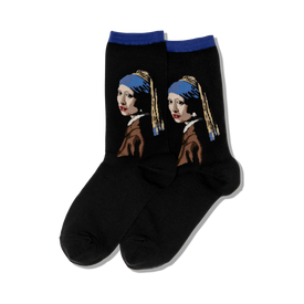vermeer's girl with a pearl earring art & literature themed womens black novelty crew socks