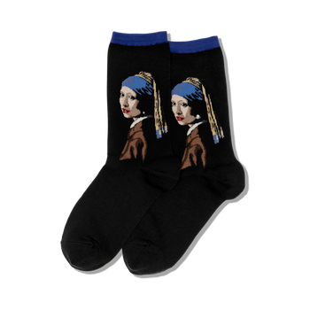 black crew socks with blue band featuring a painting of vermeer's girl with a pearl earring.  
