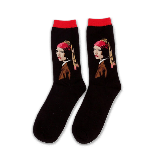 Black socks with red cuffs featuring Vermeer's Girl With A Pearl Earring portrait design.