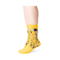 Close-up shot of Klimt's The Kiss socks on a person's legs, showing detail and fit.