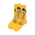Pair of yellow crew socks featuring Gustav Klimt's The Kiss artwork.  Multicolored details on a mustard yellow background.