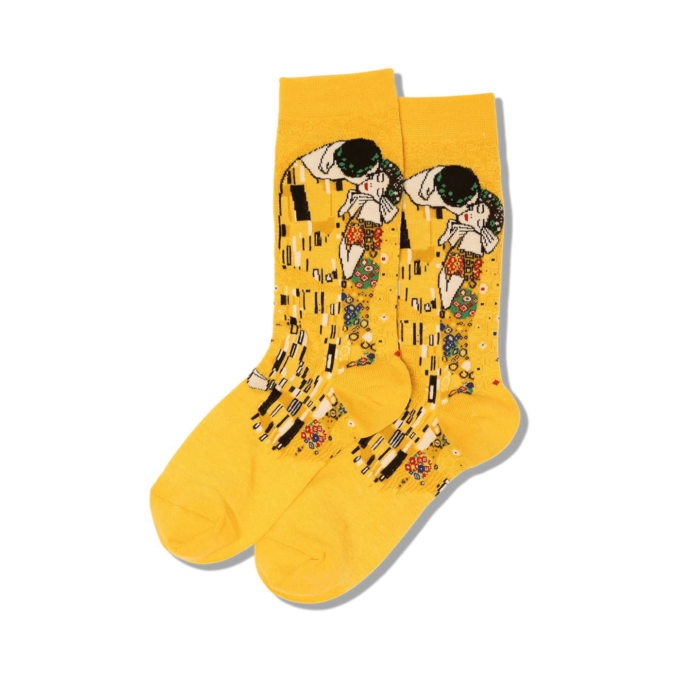 Pair of yellow crew socks featuring Gustav Klimt's The Kiss artwork.  Multicolored details on a mustard yellow background.