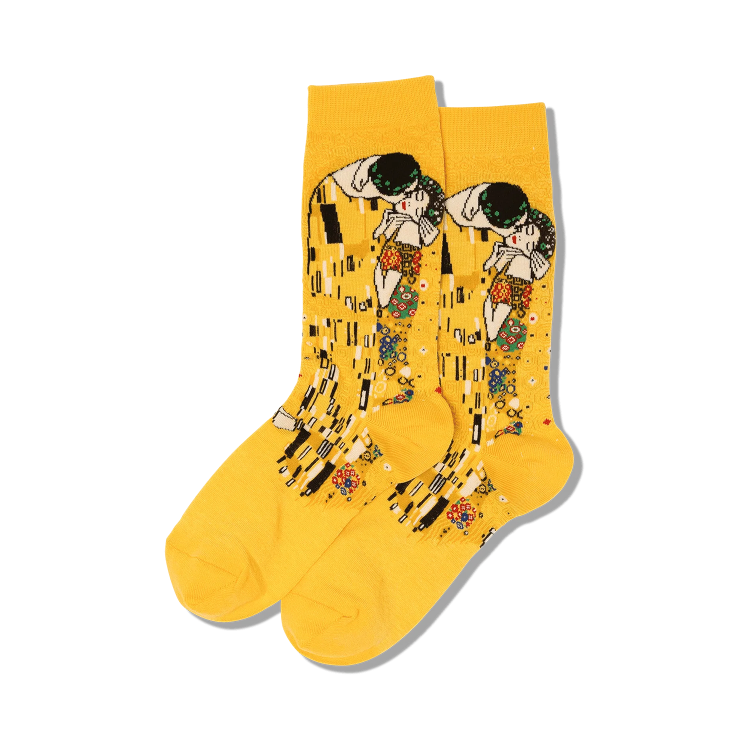 Pair of yellow crew socks featuring Gustav Klimt's The Kiss artwork.  Multicolored details on a mustard yellow background.