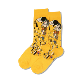 yellow crew socks for women with a pattern of gustav klimt's the kiss painting.  