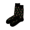 Pair of black crew socks with repeating pattern of brown footballs and lime green stripes.