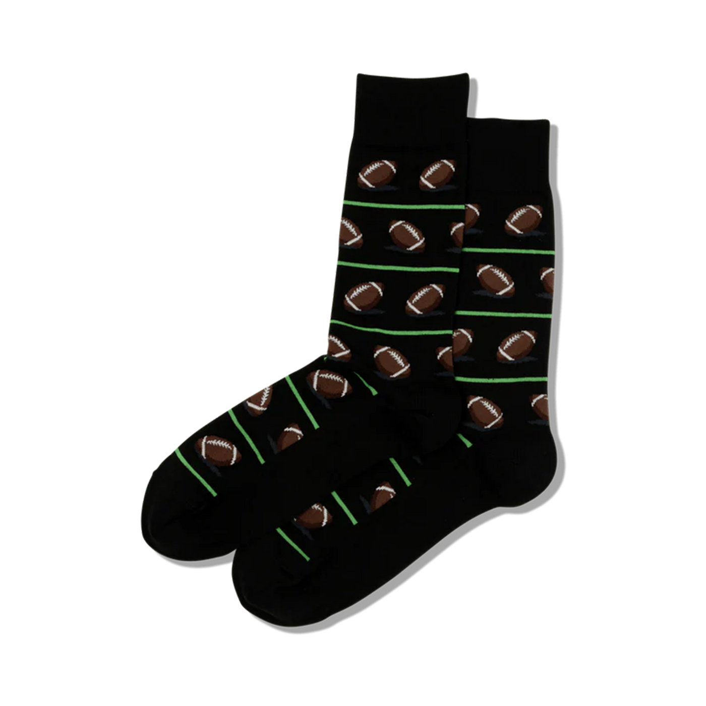Pair of black crew socks with repeating pattern of brown footballs and lime green stripes.