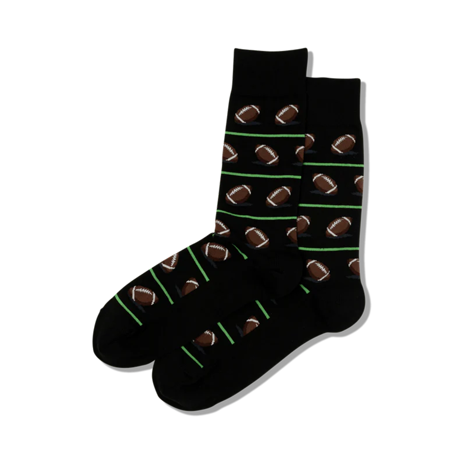 Pair of black crew socks with repeating pattern of brown footballs and lime green stripes.