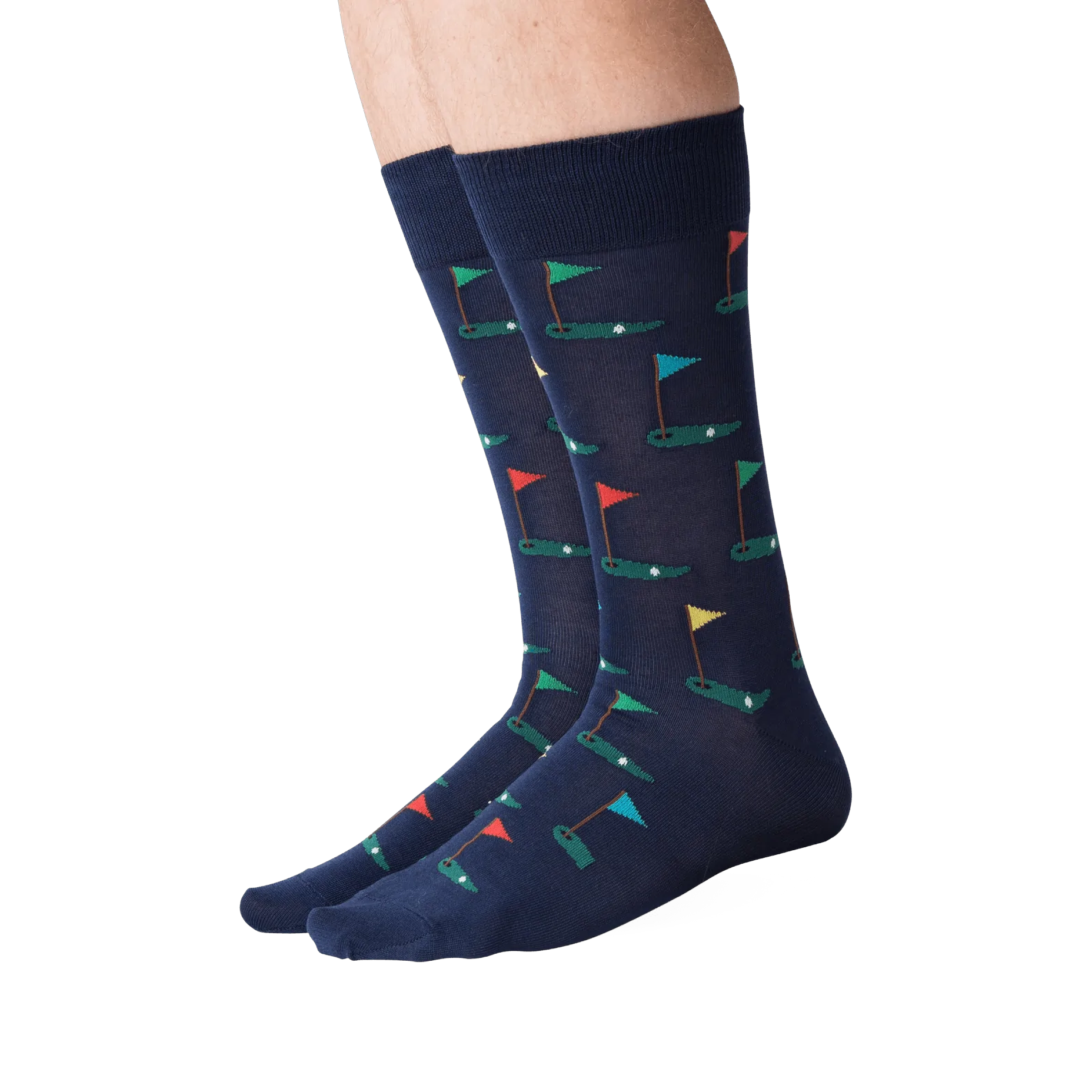Lifestyle shot of Golf Navy socks on a model's legs, showing how the socks look when worn.