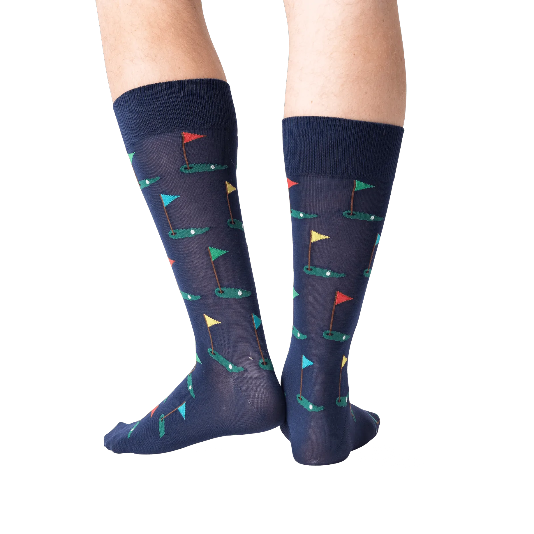 Back view of Golf Navy socks on a model's legs, showcasing the full pattern from a different angle.