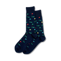 Pair of navy blue crew socks with a repeating pattern of colorful golf flags on putting greens.