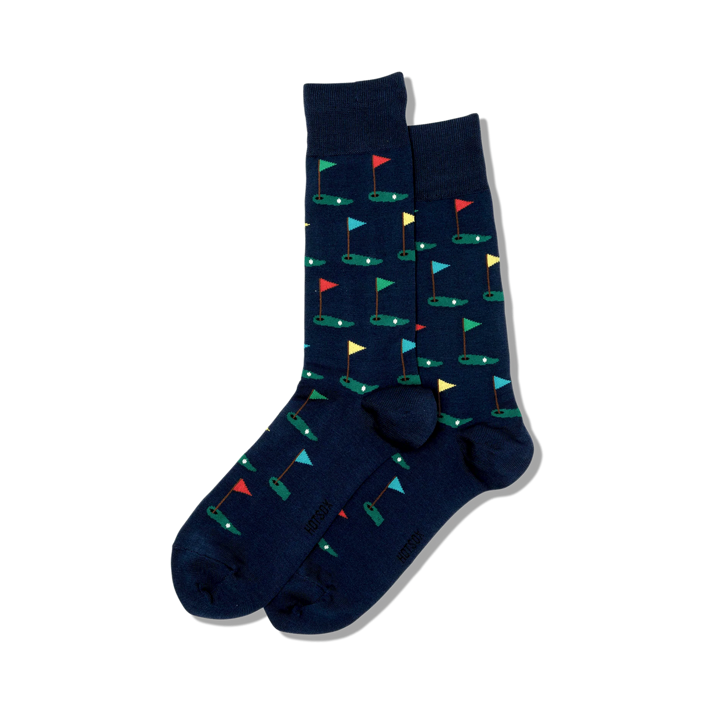 Pair of navy blue crew socks with a repeating pattern of colorful golf flags on putting greens.