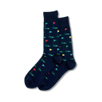 Pair of navy blue crew socks with a repeating pattern of colorful golf flags on putting greens.