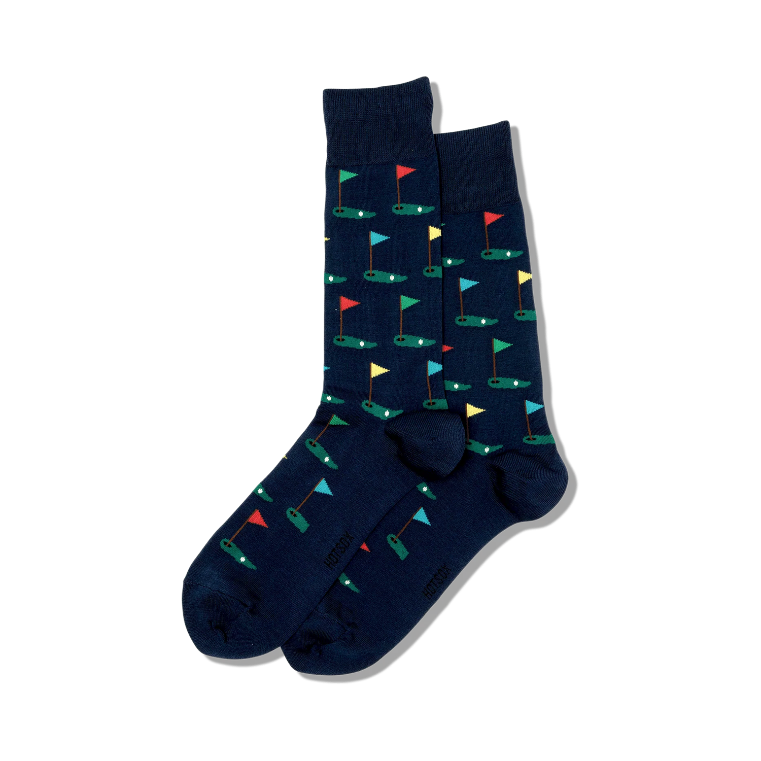 Pair of navy blue crew socks with a repeating pattern of colorful golf flags on putting greens.