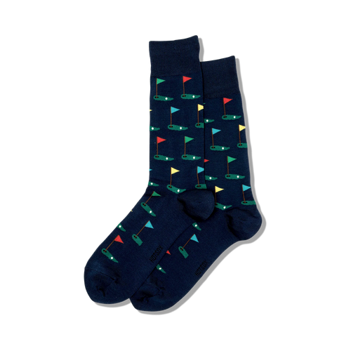 Pair of navy blue crew socks with a repeating pattern of colorful golf flags on putting greens.