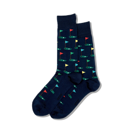 golf navy men's crew socks feature multicolor golf holes and flags pattern  