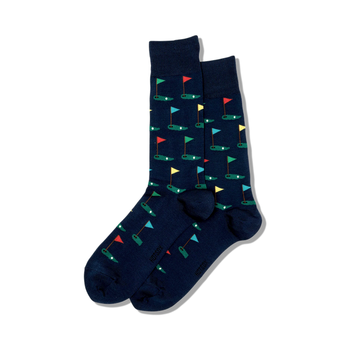 golf navy men's crew socks feature multicolor golf holes and flags pattern  